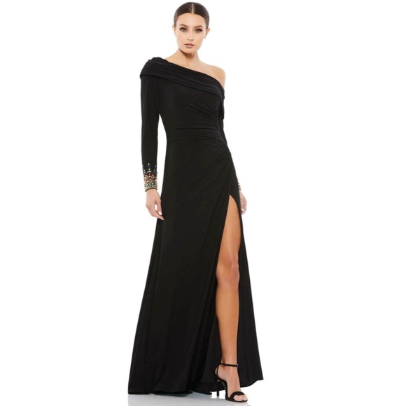 NEW Mac Duggal Black OFF THE SHOULDER Jersey JEWEL CUFFS Ruched HIGH SLIT GOWN 2 - Picture 11 of 14
